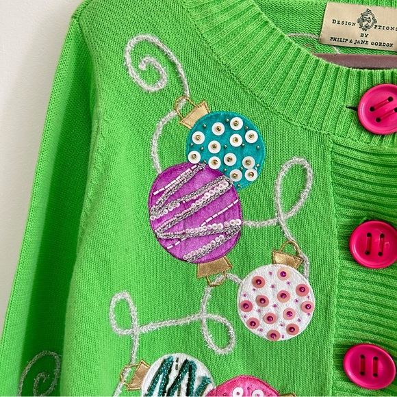 Design Options by Philip & Jane Gordon Green Christmas Ornament Cardigan Sweater - Picture 4 of 5
